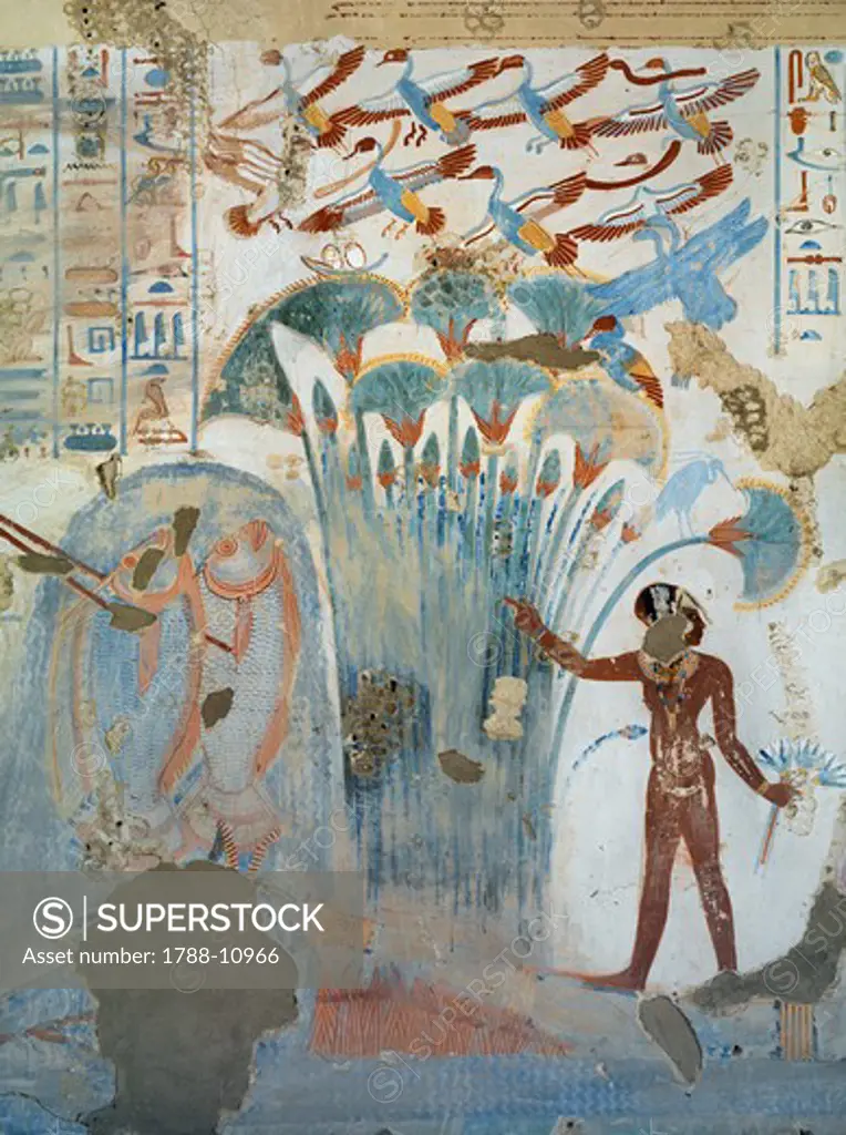 Egypt, Thebes, Luxor, Sheikh 'Abd al-Qurna, Tomb of scribe of recruits Horemheb, mural paintings of papyrus plants and birds from eighteenth dynasty