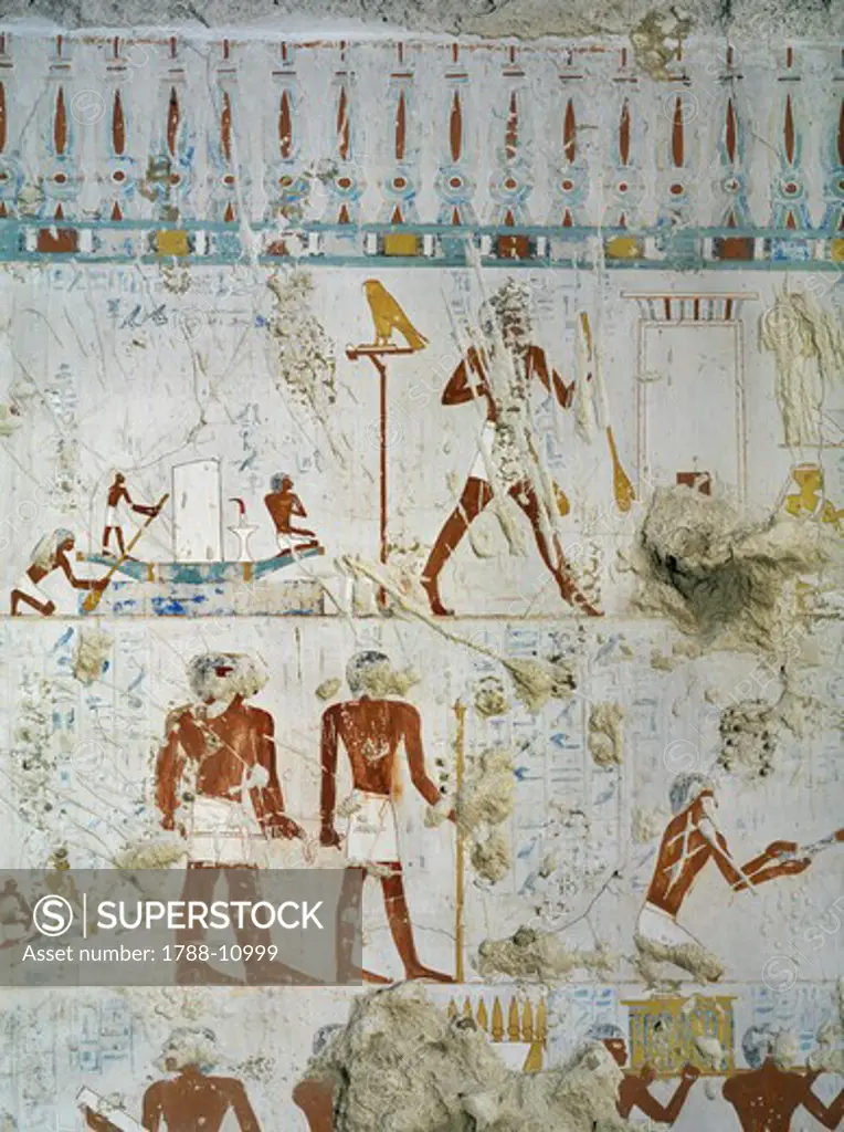 Egypt, Thebes, Luxor, Sheikh 'Abd al-Qurna, Tomb of scribe and granary accountant at Amon's estate Amenemhat, mural paintings of Pilgrimage to Abydos from eighteenth dynasty