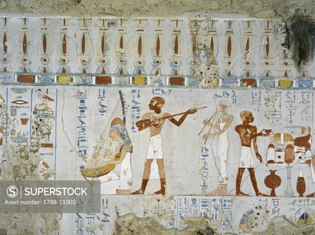 Egypt, Thebes, Luxor, Sheikh 'Abd al-Qurna, Tomb of scribe and granary accountant at Amon's estate Amenemhat, mural paintings of musicians from eighteenth dynasty