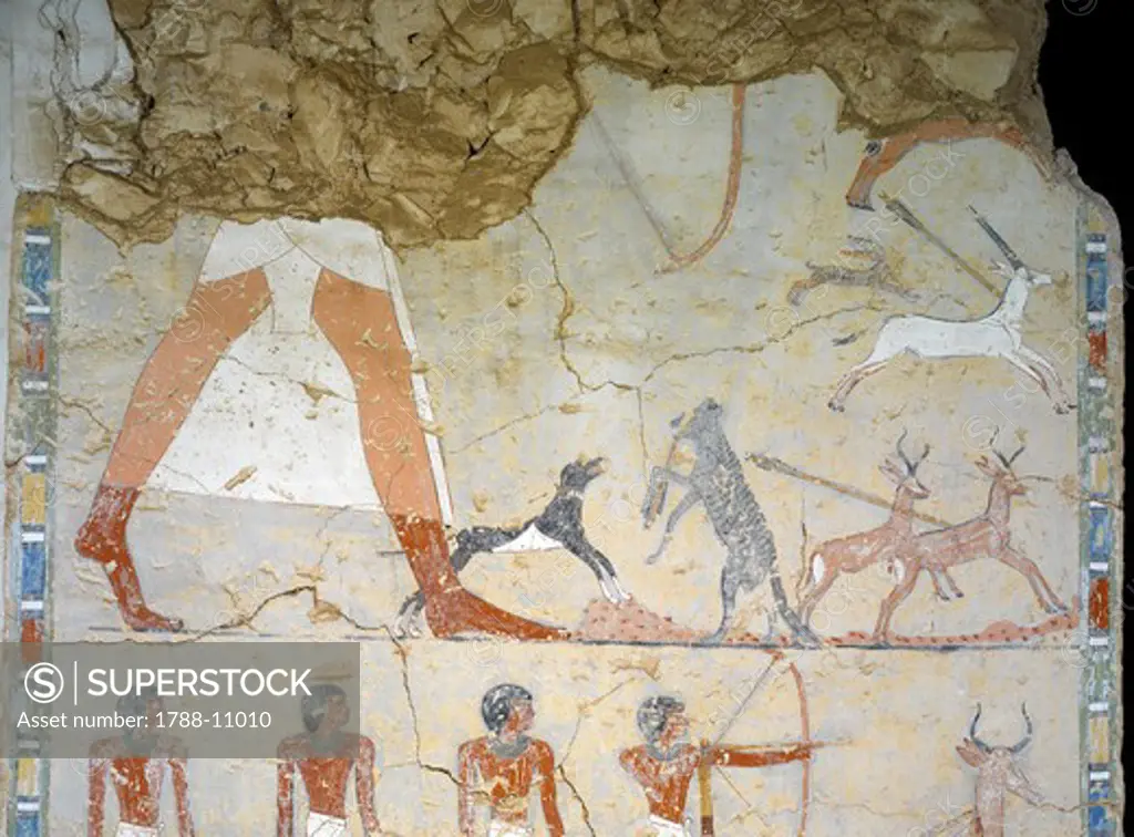 Egypt, Thebes, Luxor, Sheikh 'Abd al-Qurna, Mural painting showing hunting scene in tomb of granary supervisor at Amon's estate Ineni
