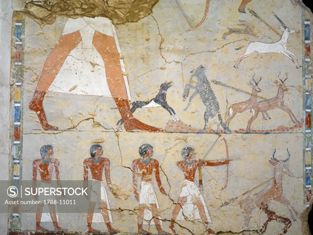 Egypt, Thebes, Luxor, Sheikh 'Abd al-Qurna, Mural painting showing hunting scene in tomb of granary supervisor at Amon's estate Ineni