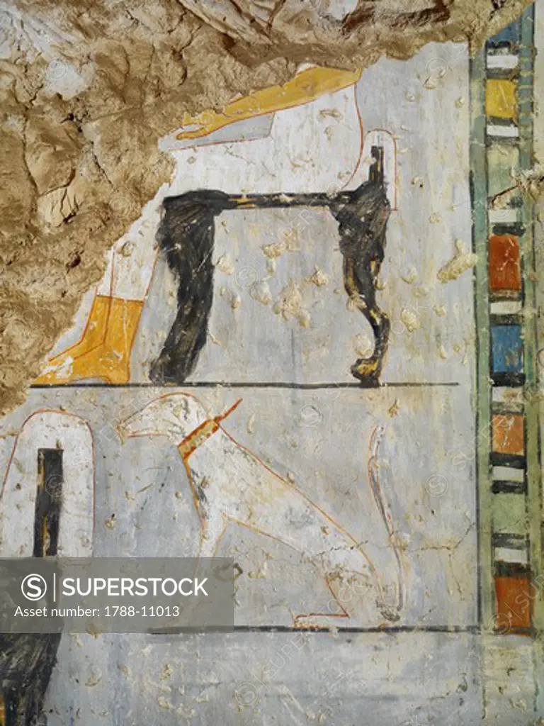 Egypt, Thebes, Luxor, Sheikh 'Abd al-Qurna, Mural painting showing hunting dog in tomb of granary supervisor at Amon's estate Ineni