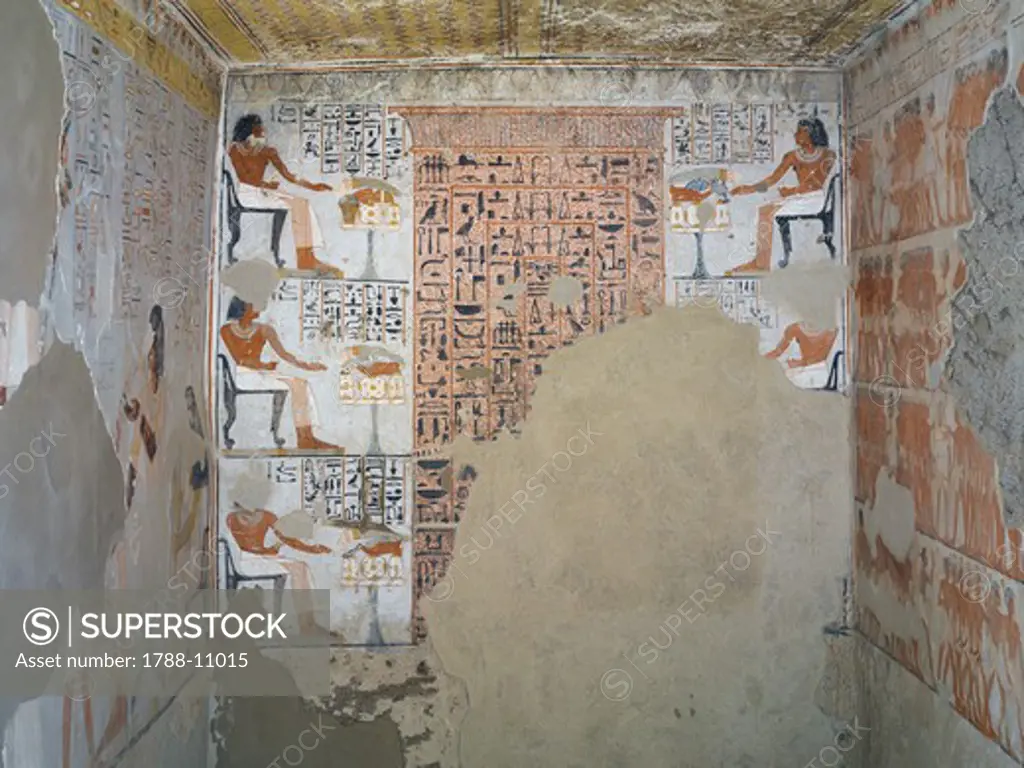 Egypt, Thebes, Luxor, Sheikh 'Abd al-Qurna, Interior of tomb of army general Tjenuny covered with mural paintings showing ritual offerings