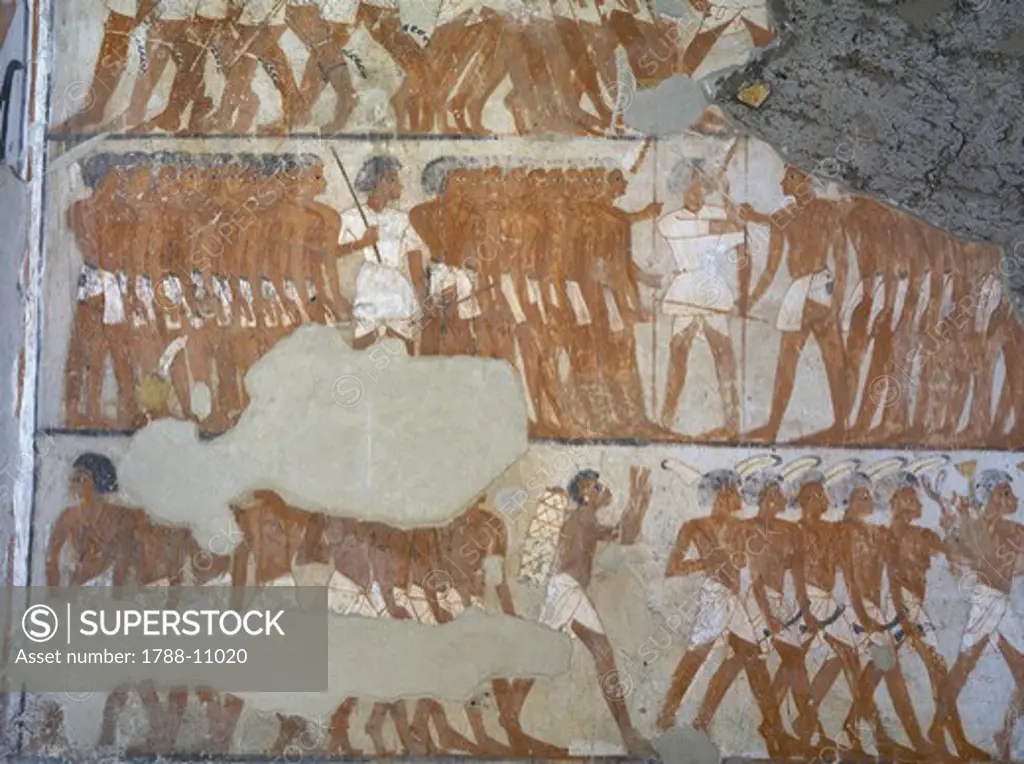 Egypt, Thebes, Luxor, Sheikh 'Abd al-Qurna, Mural paintings showing warriors in tomb of army general Tjenuny