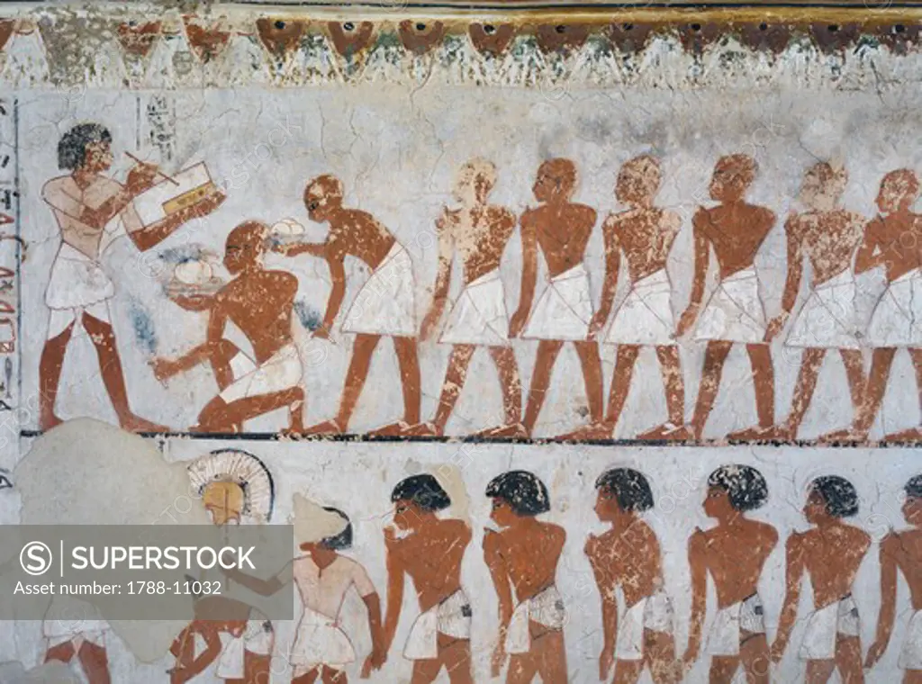 Egypt, Thebes, Luxor, Sheikh 'Abd al-Qurna, Tomb of army general Tjenuny, mural painting showing votive offerings