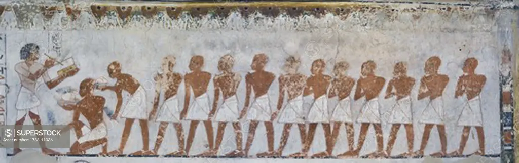 Egypt, Thebes, Luxor, Sheikh 'Abd al-Qurna, Tomb of army general Tjenuny, Mural painting showing votive offerings