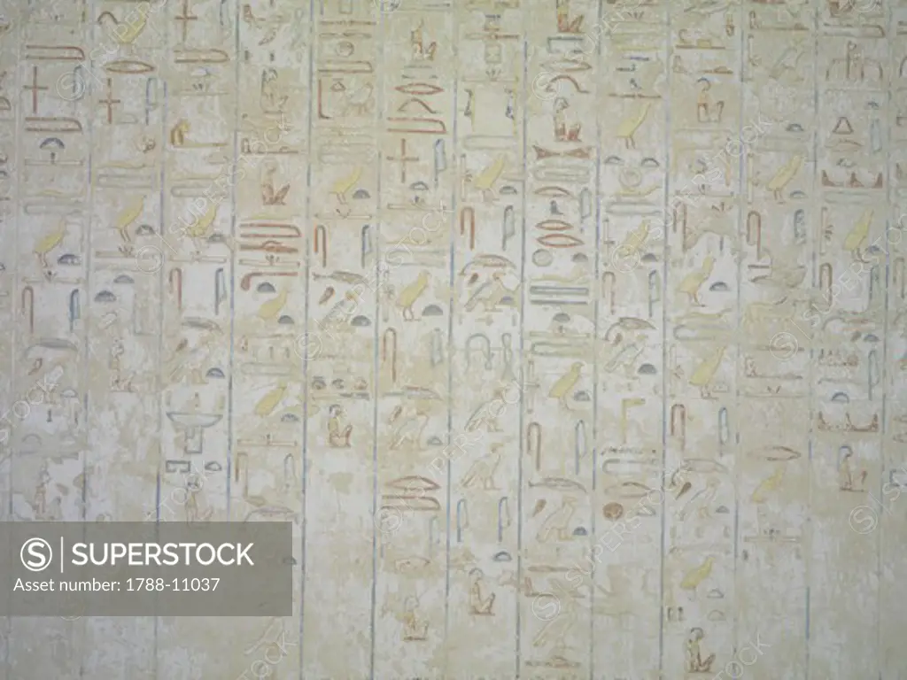 Egypt, Thebes, Luxor, Valley of the Kings, Rows of hieroglyphs in tomb of Sethi II