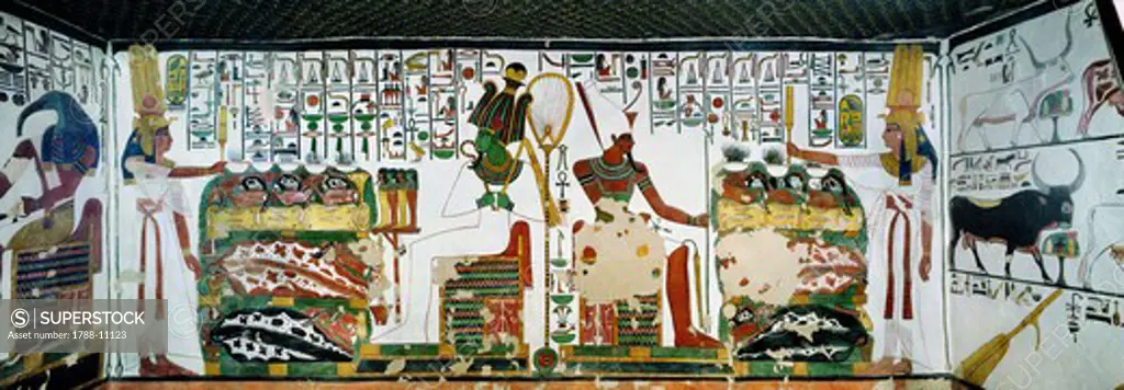 Egypt, Thebes, Luxor, Valley of the Kings, Second room, Tomb of Queen Nefertari, Fresco representing Queen holding sekhem sceptre and God Osiris on left and Atum on right