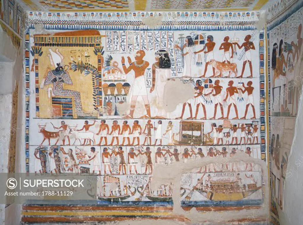 Egypt, Thebes, Luxor, Sheikh 'Abd El-Qurna, Tomb of Pere, fresco representing deceased with his wife invoking God Osiris