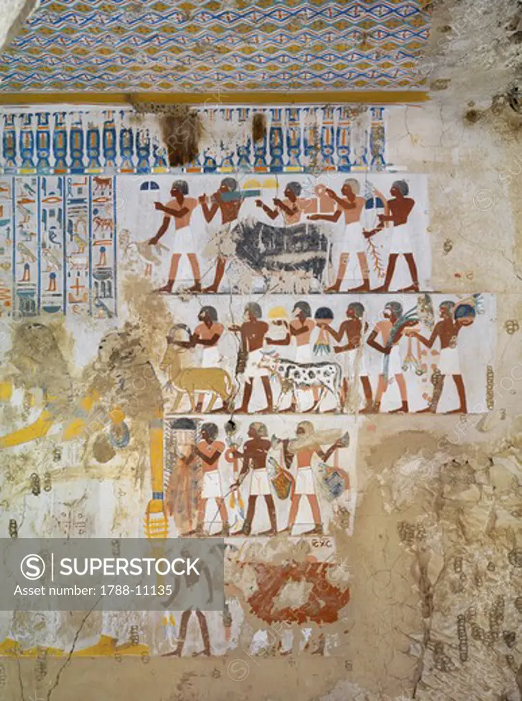 Egypt, Thebes, Luxor, Sheikh 'Abd El-Qurna, Tomb of  Paser, detail of fresco
