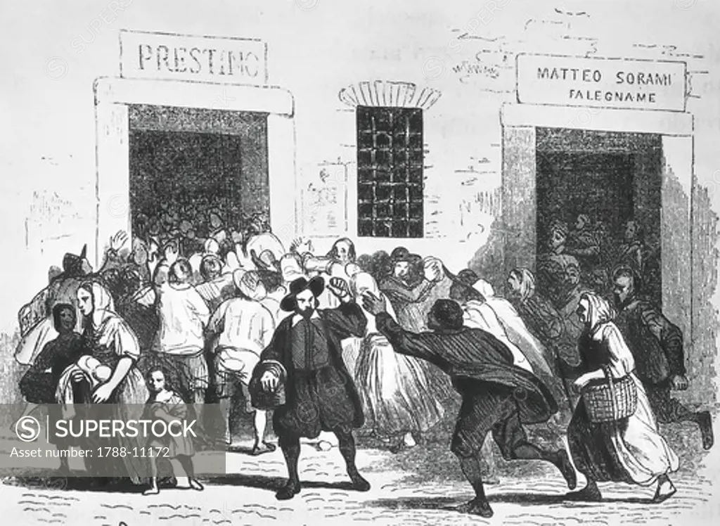 Sacking of bakery, episode of the bread riots in Milan, by Alessandro Manzoni, engraving