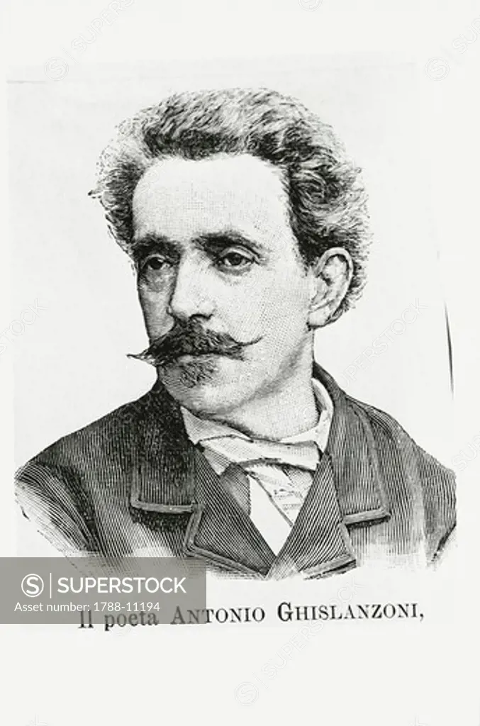 Portrait of Italian writer and librettist, Antonio Ghislanzoni, engraving