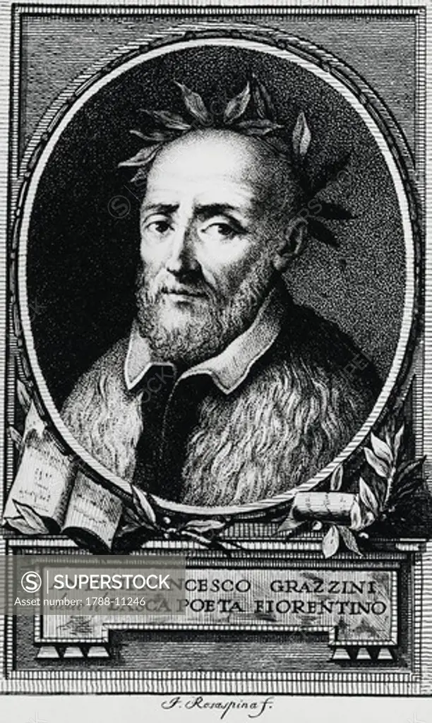 Portrait of Anton Francesco Grazzini, called ""Il Lasca"" (1503-1584). Italian poet, writer and playwright, among the founders of the Accademia degli Umidi, engraving