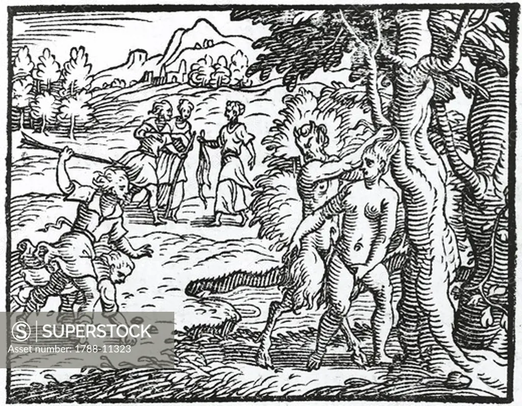 Satyr trying to rape Silvia, act III from Aminta by Torquato Tasso, engraving, Aldina edition, 1573