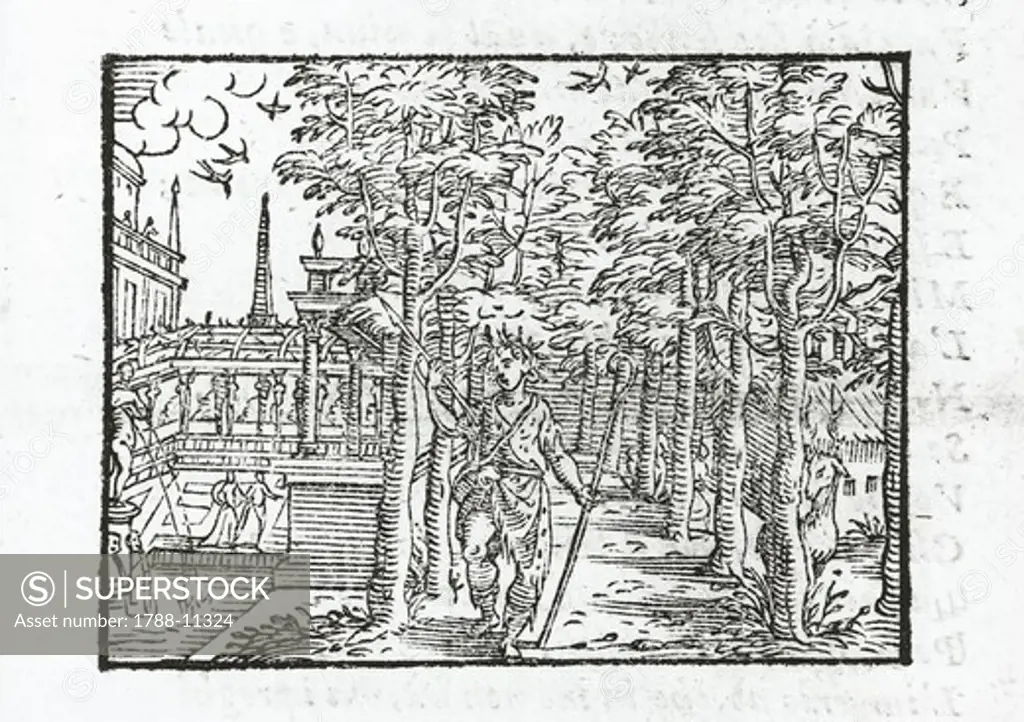 Love in shepherd's clothes, Prolog from Aminta by Torquato Tasso, engraving, Aldina edition, 1574