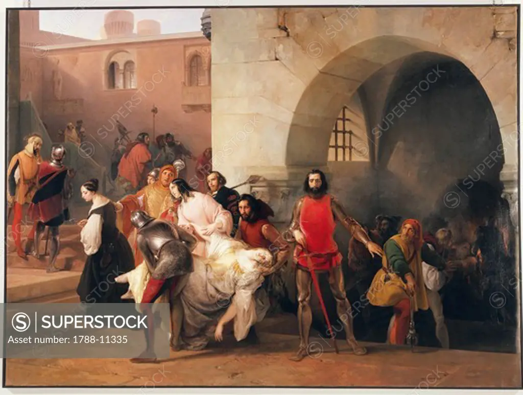 Bice found by Marco Visconti in basement of his castle at Rosate, theme from novel Marco Visconti by Tommaso Grossi, illustration by Francesco Hayez