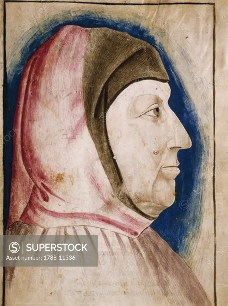 Manuscript Frontispiece of Rime (Rhymes) with Portrait of Italian Humanist Writer and Poet Francesco Petrarca, Watercolor