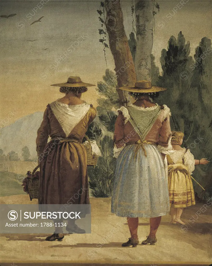 Italy - Veneto Region - Vicenza -  Valmarana Villa - Landscape with two country women by Giandomenico Tiepolo - Fresco