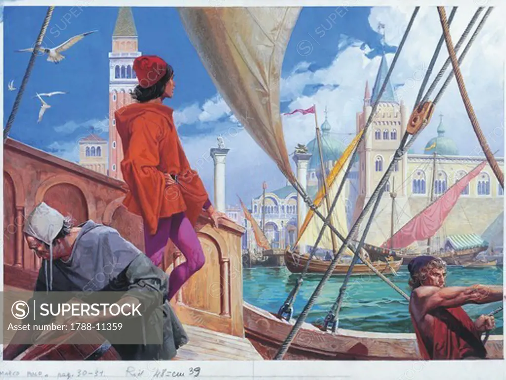 Boy standing on deck looking at Venice in Travels of Marco Polo (The Million or Le Livre des Merveilles), illustration