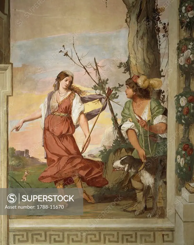 Shepherd Silvio accidentally wounds Dorinda and falls in love with her by Giulio Carpioni, 1645-1650, Fresco