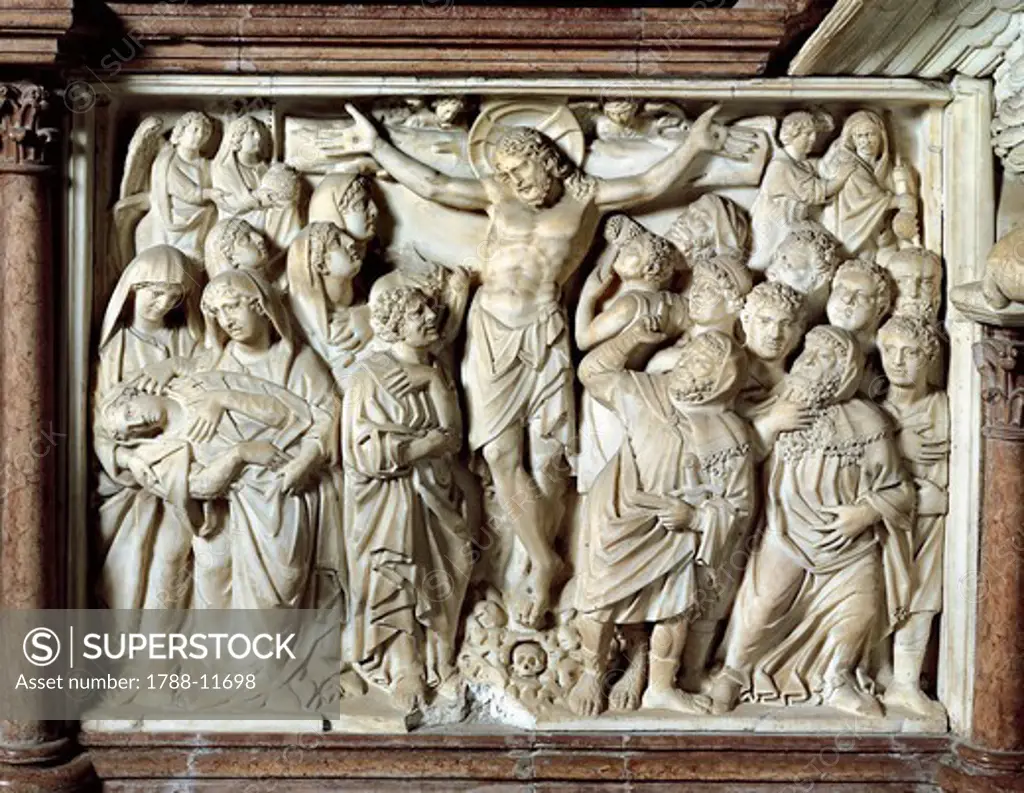 Italy, Tuscany, Pisa, Piazza dei Miracoli, cathedral, marble pulpit, panel with Crucifixion by Giovanni Pisano, 1301-1310, detail