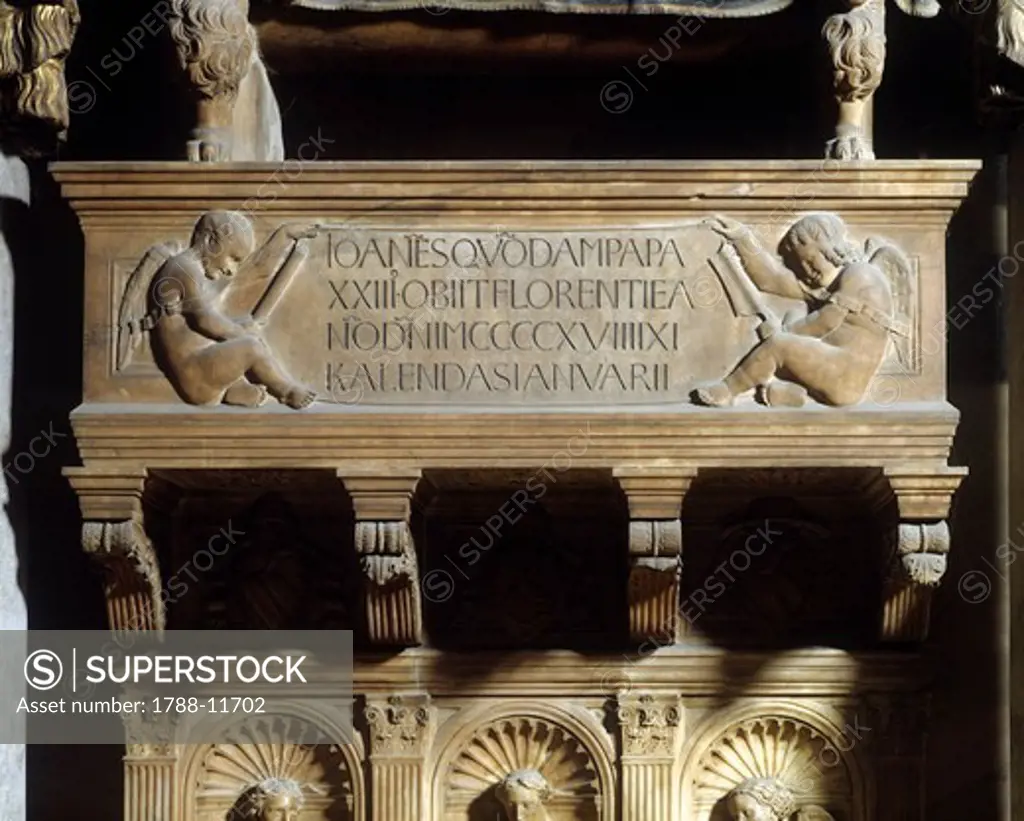 Italy, Tuscany, Florence. Baptistry of Saint John,  marble tomb, detail of latin inscription