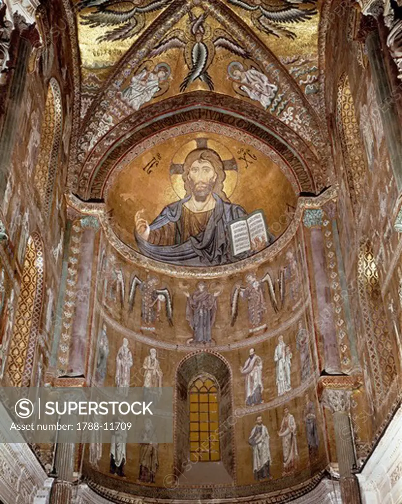 Italy, Sicily, Palermo Province, Cefalu Cathedral, Abse, Christ Pantocrator, Orant Virgin, Archangels and Apostles, freesco