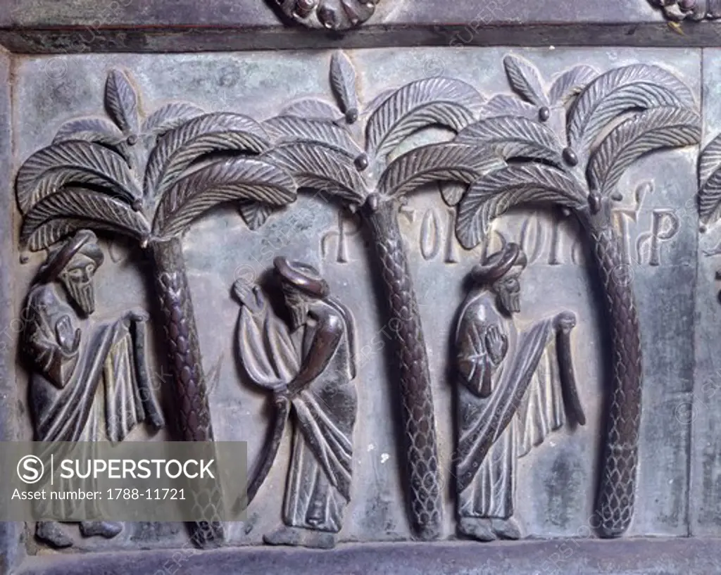 Italy, Tuscany, Pisa, Piazza dei Miracoli, Pisa Cathedral, Saint Ranieri Portal, Detail of bronze door panel with scene from New Testament