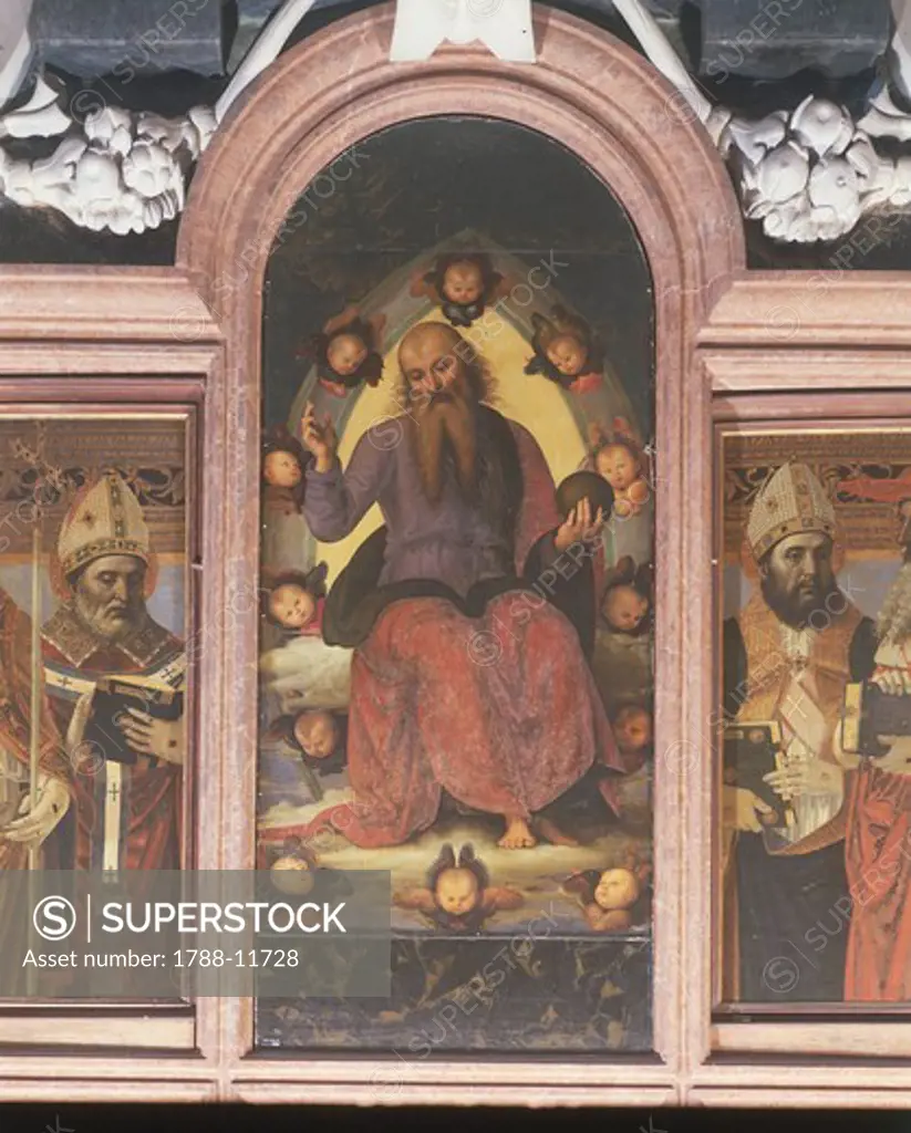 Italy, Lombardy, Pavia Charterhouse (Certosa), second chapel on the left, polyptych with Benedictory Eternal Father by Pietro Vannucci or Perugino, 1499