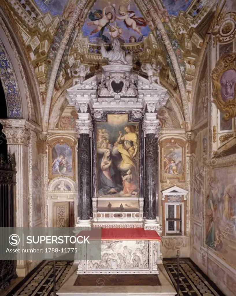 Italy, Lombardy region, Pavia Charterhouse (Certosa), interior, seventh chapel on the right. Altarpiece by Camillo Procaccini (1555-1629), Annunciation, 1616. Frescos by Giovanni Stefano Danedi known as Montalto, 1671. Antependium, Nativity, bas-relief