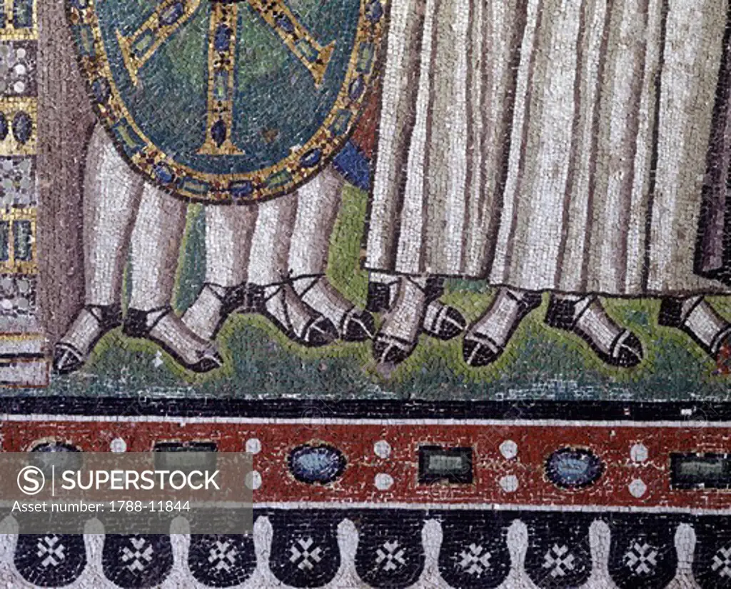 Italy, Emilia Romagna region, Ravenna, Basilica of San Vitale, Presbytery. Apsidal Byzantine mosaic, detail with the Emperor Justinian and his retinue