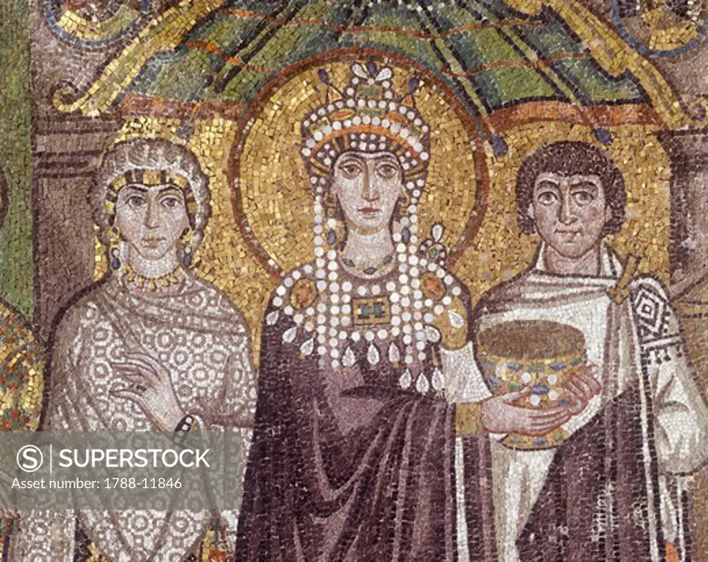 Italy, Emilia Romagna region, Ravenna, Basilica of San Vitale, Apse, mosaic, detail with Empress Theodora, 538-545