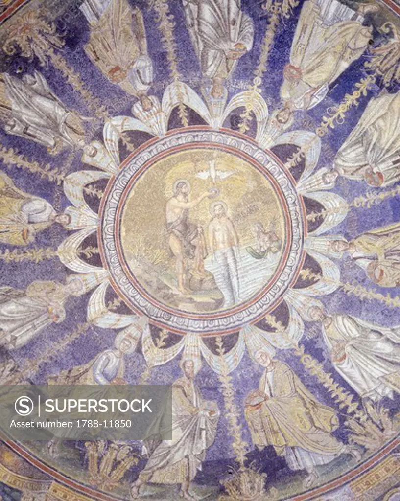 Italy, Emilia-Romagna region, Ravenna, Baptistry of Neon (or Orthodox Baptistry), mosaics of the dome ceiling