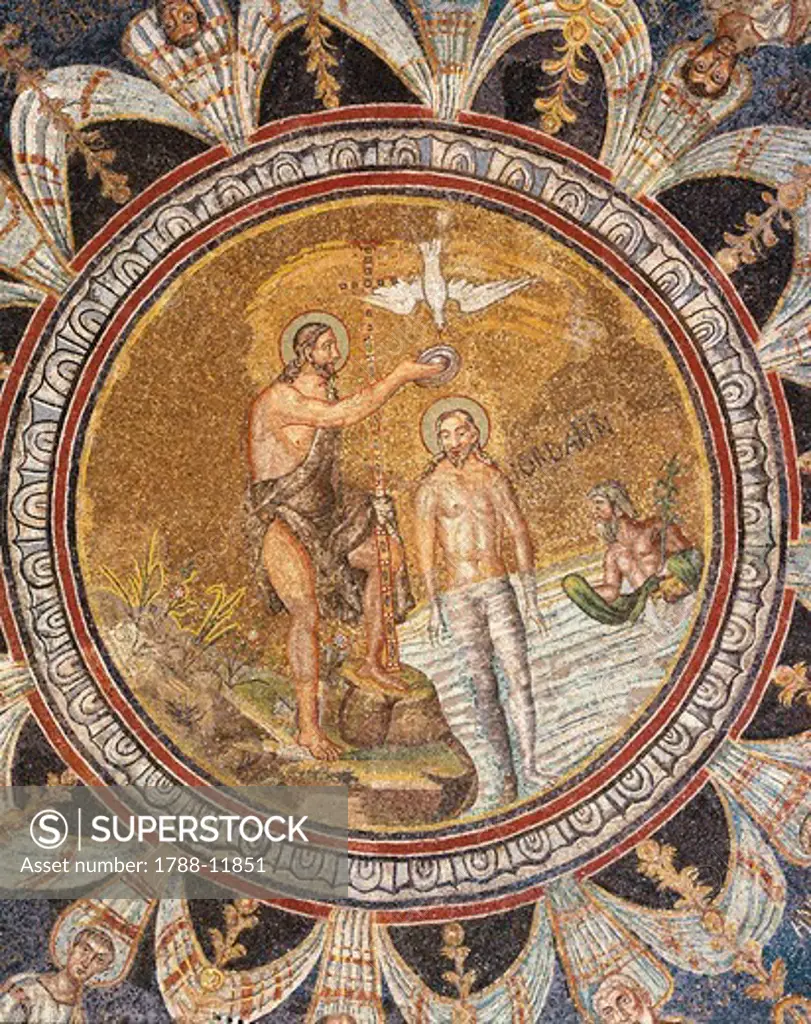 Italy, Emilia-Romagna, Ravenna, baptistry of Neon (or Orthodox baptistry), dome ceiling, Baptism of Jesus Christ, mosaic, detail