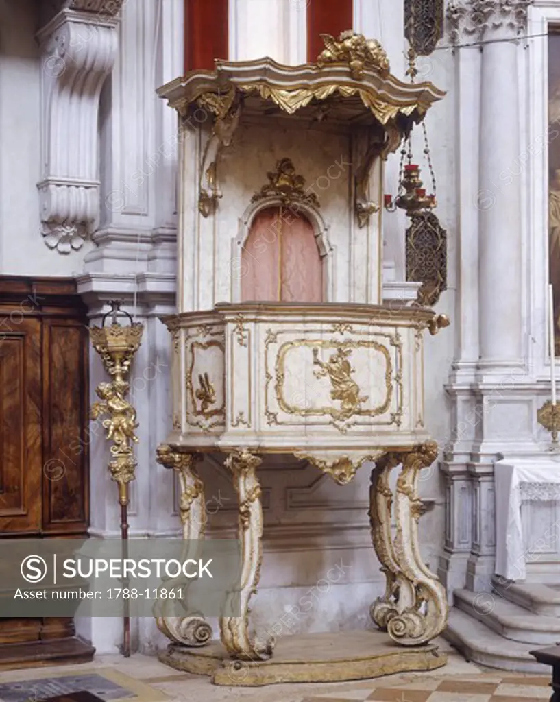 Italy, Veneto, Venice, wooden pulpit in Church of Pieta