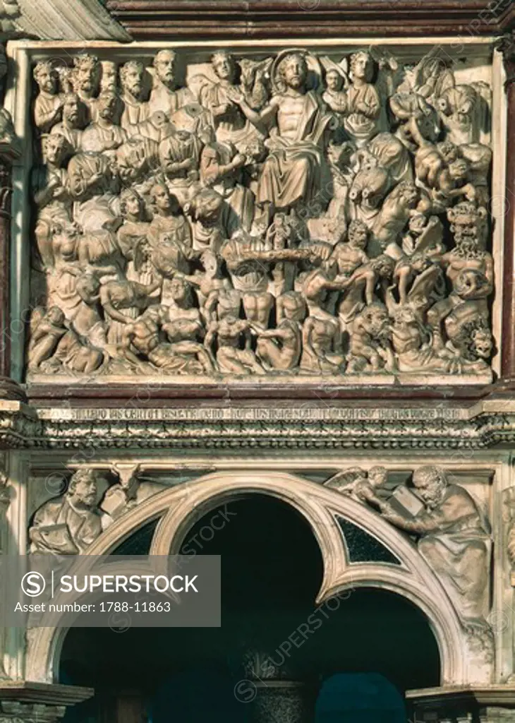 Italy, Tuscany, Pisa, Piazza dei Miracoli, baptistry of Saint John, pulpit by Nicola Pisano, Universal Judgement, 1260, detail