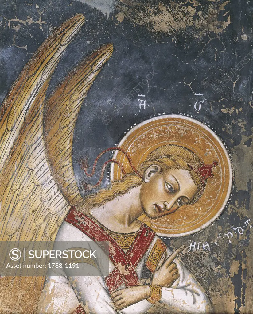 Close-up of the mural of an angel, Fresco by Francesco of Arezzo  (Early 14th century), Church of St. Catherine of Alexandria, Galatina, Apulia Region, Italy