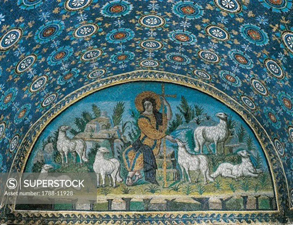 Italy, Emilia Romagna, Ravenna, mausoleum of Galla Placidia, lunette mosaic portraying the Good Shepherd