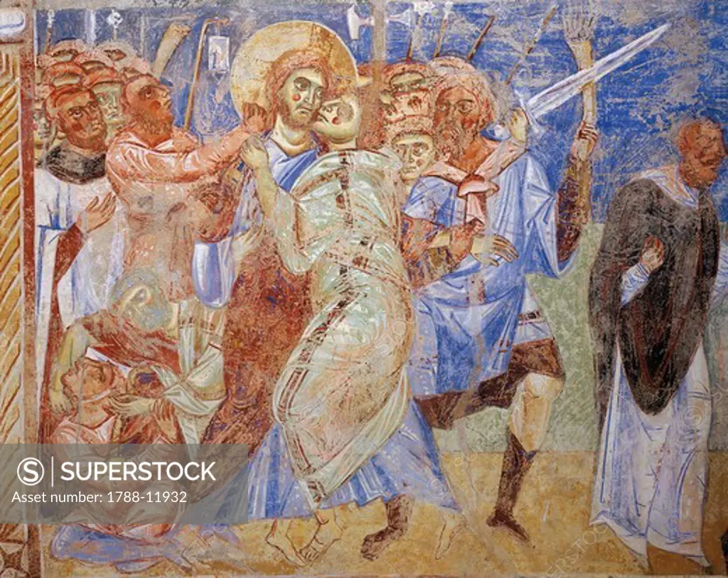 Italy, Campania, Caserta province, Sant'Angelo in Formis, basilica of San Michele (Saint Michael), Stories of the New Testament with Kiss of Judas, fresco, 1072-1078, detail