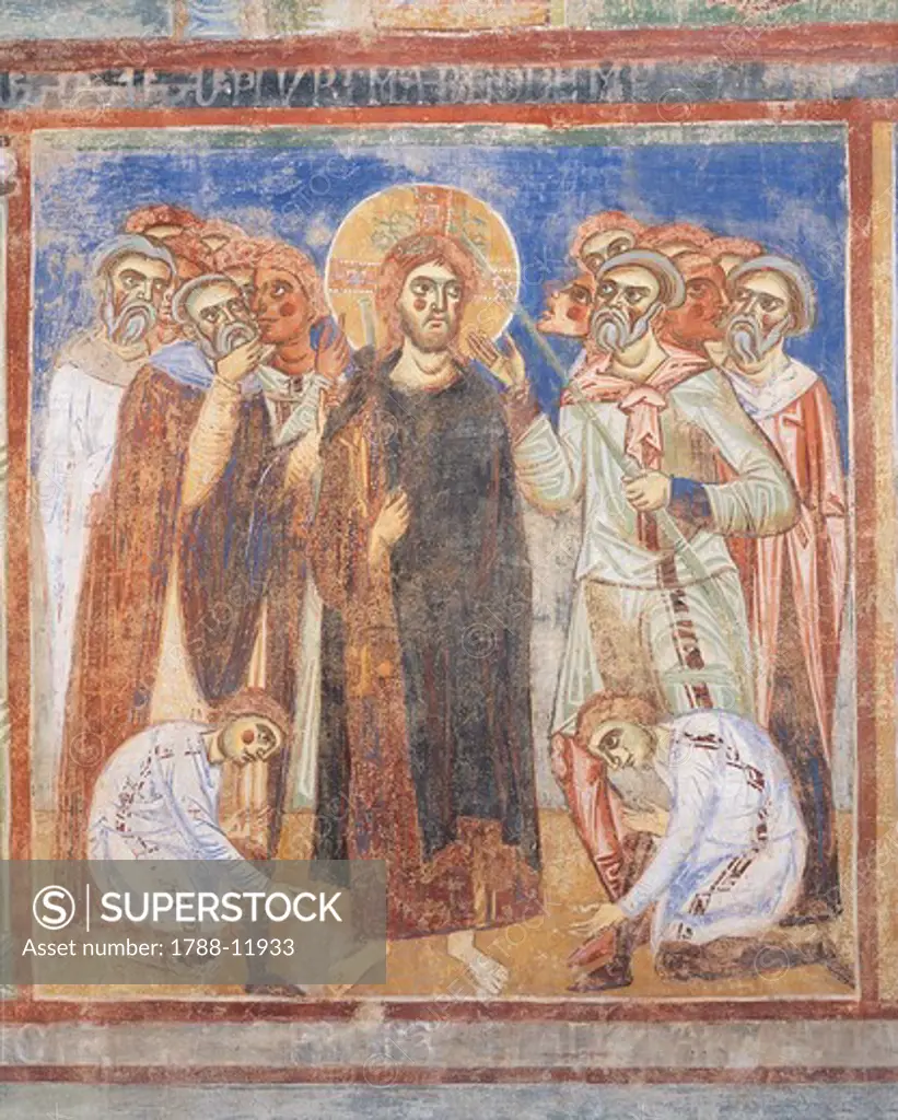 Italy, Campania Region, Caserta Province, Sant'Angelo in Formis, Basilica of Saint Michael, Byzantine style frescos depicting Stories of the New Testament, detail representing Christ mocked