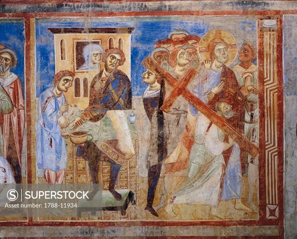 Italy, Campania Region, Caserta Province, Sant'Angelo in Formis, Basilica of Saint Michael, Byzantine style frescoes depicting Stories of the New Testament, detail representing Pilate and Christ