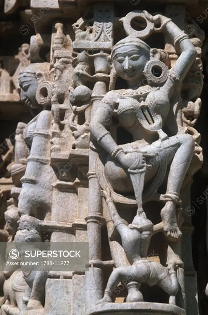 India, Rajasthan, Ranakpur, Suparshvanath Temple (Temple of the Prostitutes), relief detail