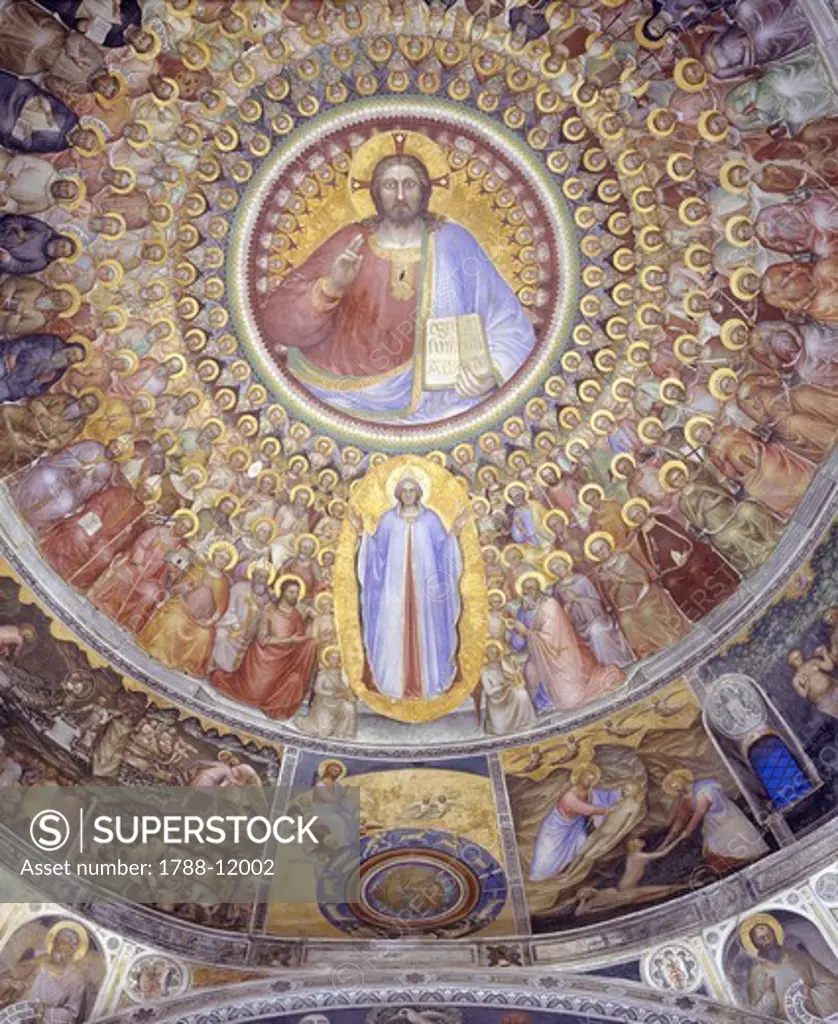Italy, Veneto Region, Padua, baptistry of cathedral, Heaven by Giusto de Menabuoi, fresco, detail with Christ Pantocrator, Virgin Mary and Angels