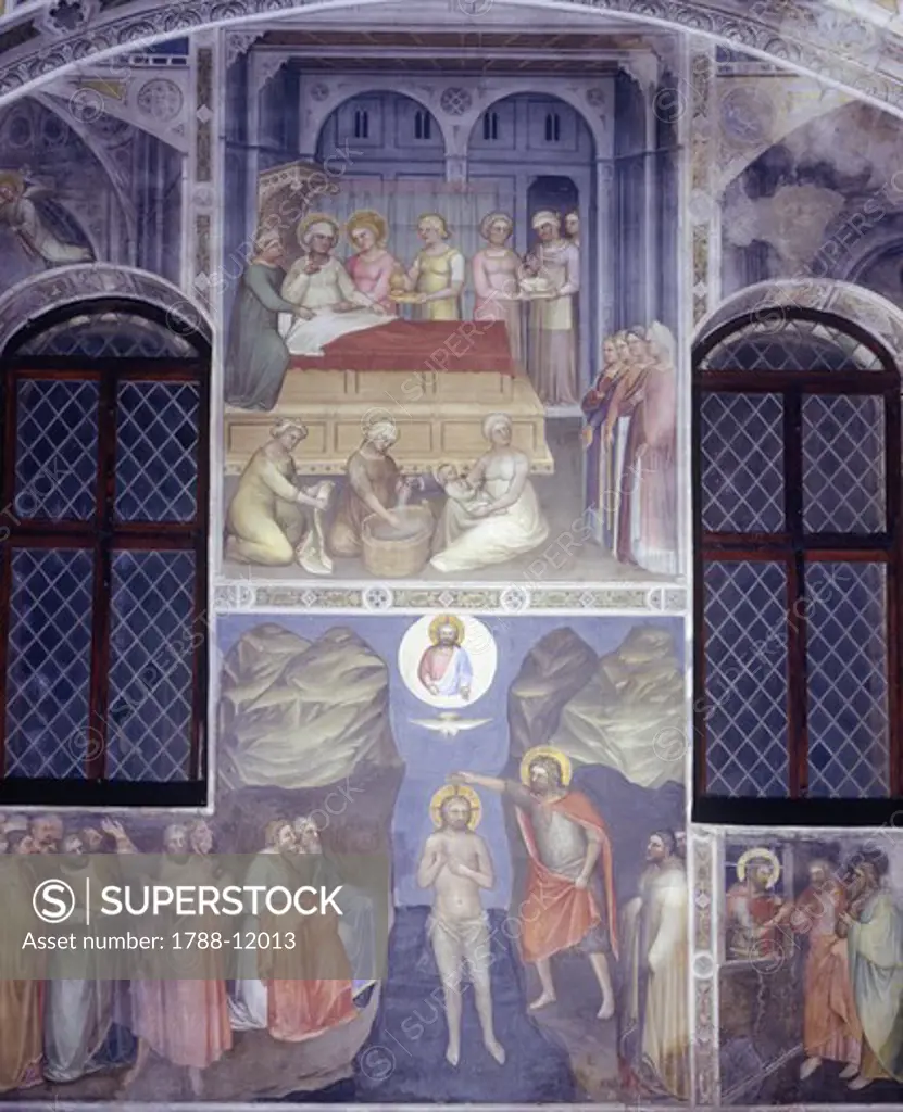 Italy, Veneto Region, Padua, baptistry of cathedral, Stories of the New Testament by Giusto de Menabuoi, fresco, detail with Birth of Mary and Baptism of Christ