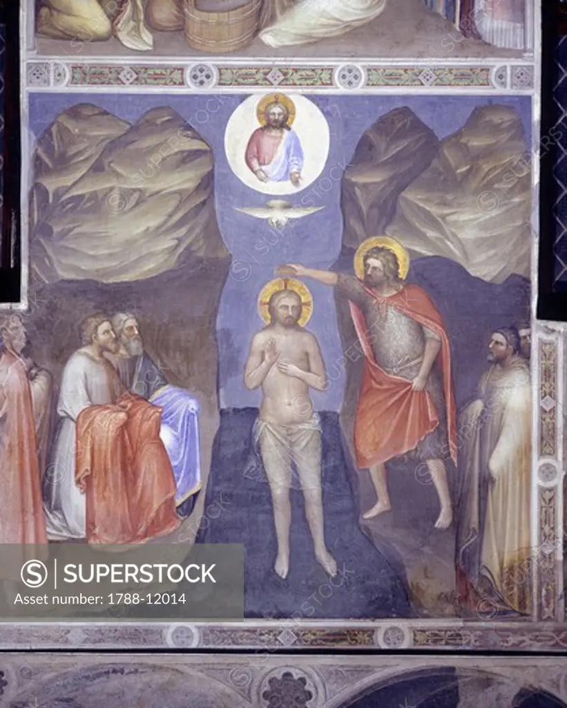 Italy, Veneto Region, Padua, baptistry of cathedral, Stories of the New Testament by Giusto de Menabuoi, fresco, detail with Baptism of Christ