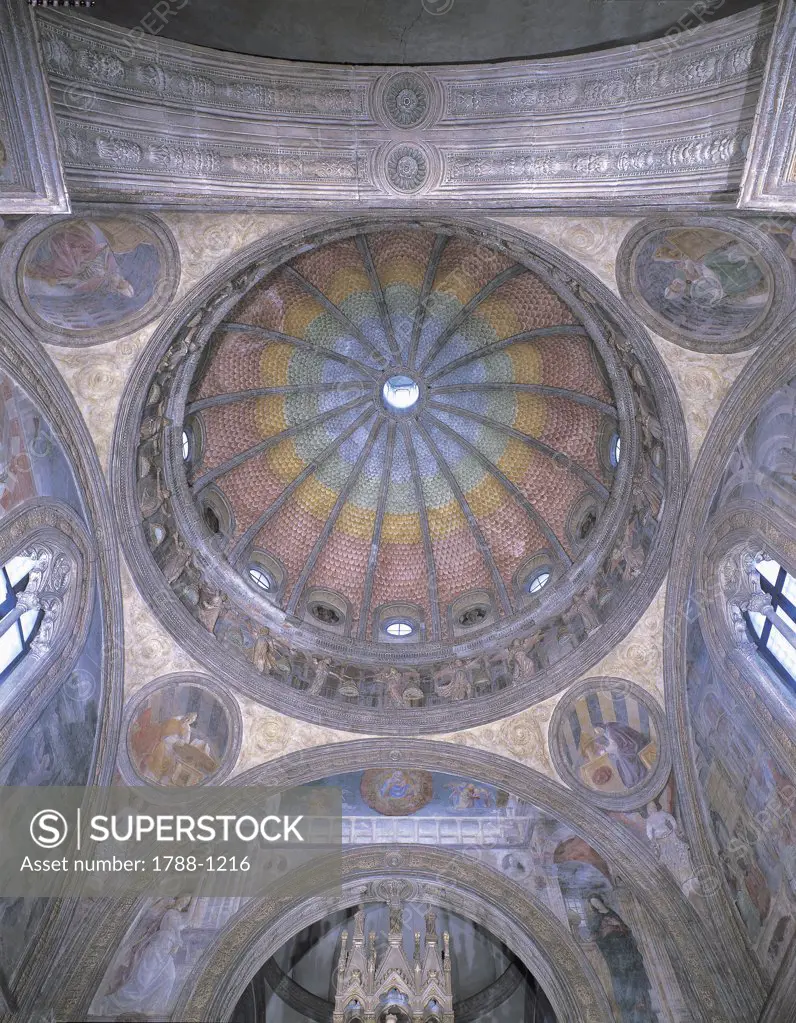 Low angle view of the ceiling of a chapel, Portinari Chapel painted by Vincenzo Foppa, Milan, Lombardy Region, Italy