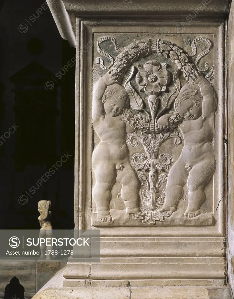 Close-up of carvings in a temple, Malatesta Temple, Rimini, Emilia-Romagna Region, Italy