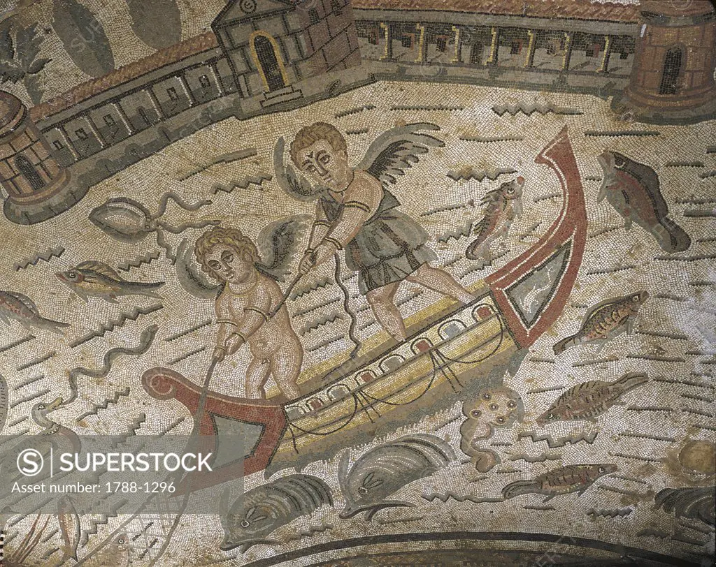 Italy - Sicily Region - Piazza Armerina - Roman Villa of Casale (4th century) - Mosaic work with Fishing Cupids