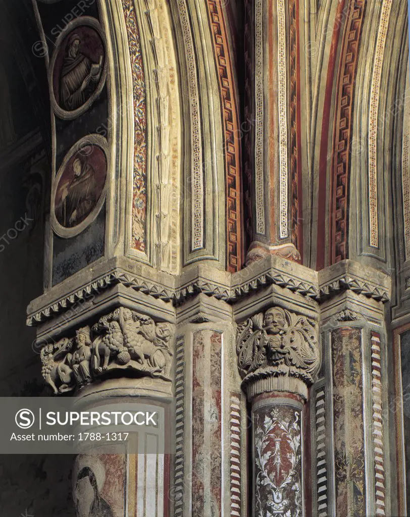 Close-up of carvings on a column, Church of St. Catherine of Alexandria, Galatina, Salento, Apulia Region, Italy