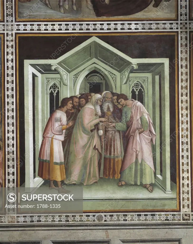 Italy - Tuscany Region - San Gimignano - Collegiate Church - Judas and the Thirty Pieces (fresco) by B. da Siena and Giovanni d'Asciano, right side (14th century)